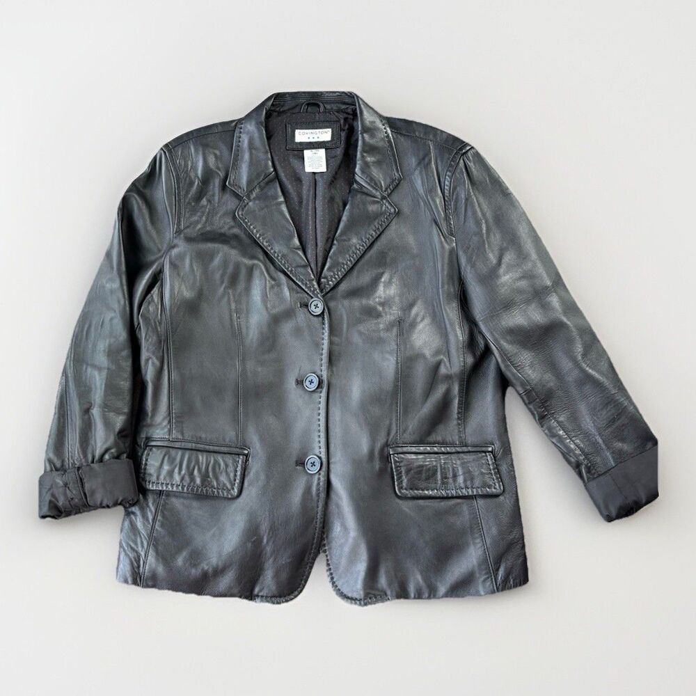 Covington Black Leather Blazer Jacket Size XL Lined Soft
